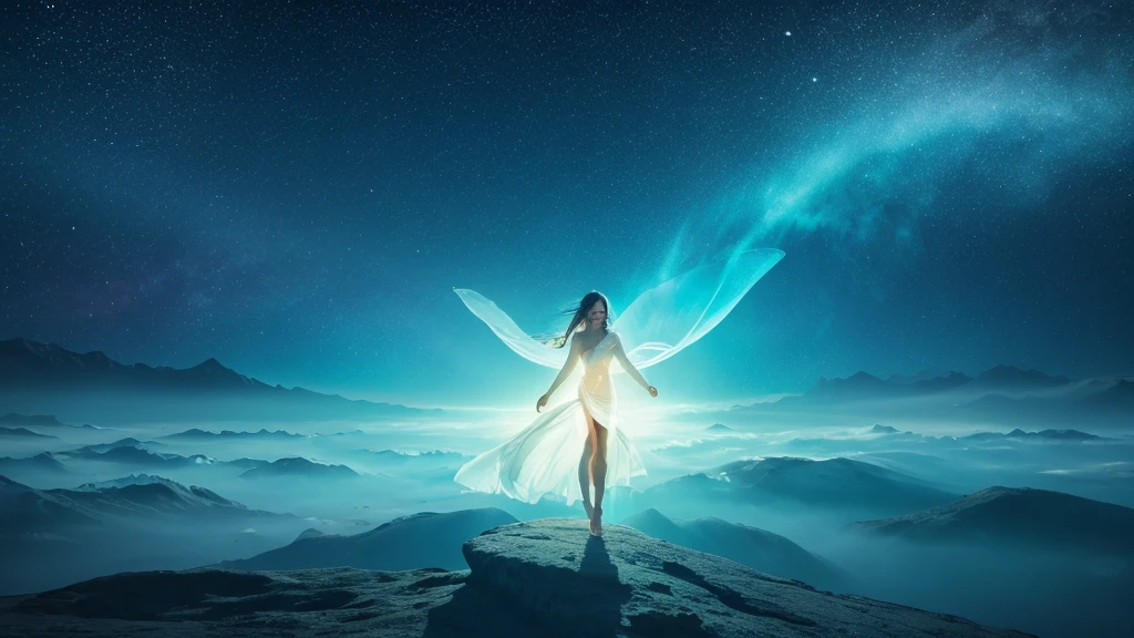 A woman's translucent body emitting an aura in the light. The fantastic scenery of disease escaping from the body. The background is transparent. The aura is dazzling. Fantastic scenery where sound heals the body.
