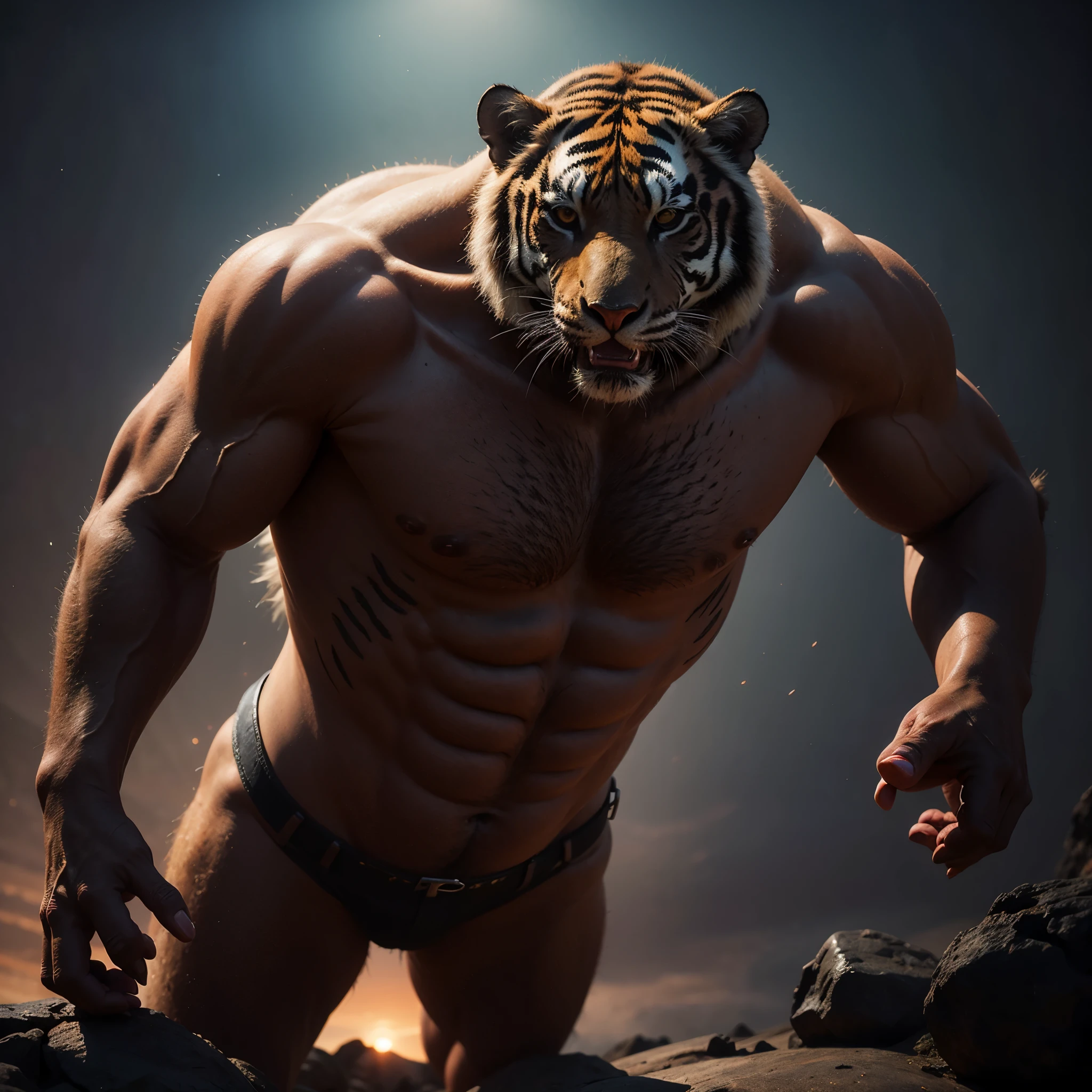 1 female alien, The predator, tiger warrior, (extremely beautiful:1.2), (intense gaze:1.4), (predator:1.1), long dark claws, NSFW, nipples, thick eyebrows, glowing and shining golden eyes, the most beautiful tiger face in the universe, black hair,
A woman with an extremely beautiful tiger face, her intense gaze fixed on her prey, a primal tiger force that could not be denied.
(extreamly beautiful lean body:1.5), (ultra muscular build:1.2), (prowling:1.3), (sleek movements:1.4),
Her beautiful body, muscular and toned, moved with sleek grace as she prowled, ready to strike at a moment's notice. The predator in her is always on