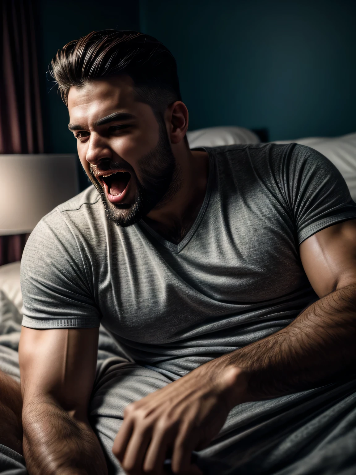 handsome man with short beard screaming with happiness and pleasure lying on a bed, light clothes, 30s, round face, cinematic appearance, detailed.