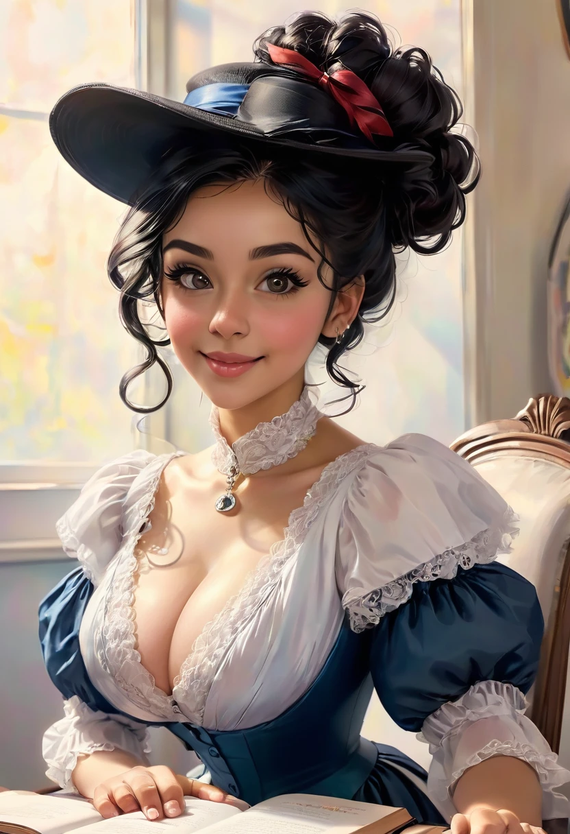 A colored pencil drawing of a pretty smiling happy victorian governess, curly black hair. Kind and inteligent, joyful energy. hair in bun, hat. book of poetry in hand.
Masiela Lusha thirst trap.