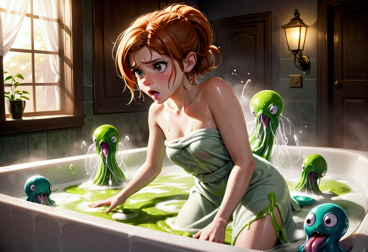 Kate Mara, age 25, dressed in a bath towel, is fleeing from her bathroom which is filling with translucent slime, movie monster C'Thulu and other eldritch tentacled beasts, flesh hungry monsters, damsel in distress
