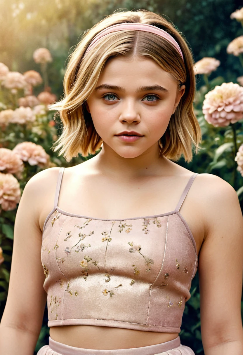 ((Chloe Grace Moretz)), [:(Face detail: 1.4): 0.4], (Kinofoto:1.3) off (Thigh Length Photos:1.3),(sslim:1.3) ((CROPTOP, navel)) Beautiful 14 year old girl, (complex brown hair), looks directly into the camera, (looks at the viewer) ), dramatic, dreamy, Pastel flower garden, elegant, strange, soft, UHD digital photography, fantasy themed, slim shoulders, Photo up to the knees , beautiful young girl, large, beautiful body, dreamy,  Aquarell, strange, soft, detailed hairband, muito detalhado texture, realistic texture, digital drawing, (art deco: 1 .хoffоралoffм:1.3),(Classical reality:1.3),(Fujifilm Superia:1.3),, Light of the golden hour, playful girl, revealing pose, ((BELLYBUTTON))), (seductive posture: 1.2, appealing: 1.2)), she's touching herself,