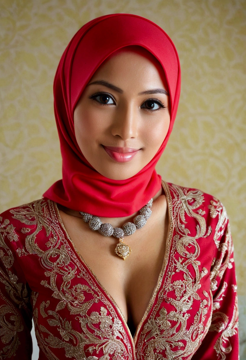 cleavage, RAW, Best quality, high resolution, masterpiece: 1.3), beautiful Malay woman in hijab,Masterpiece, perfect slim fit body, Huge breast,big gorgeous eyes, Soft smile,a close up of a woman, wearing beautiful clothes, beautiful design, hijab, very beautiful enga style, beautiful masterpiece, fine details. red, wearing gorgeous clothing, (Delicate turtleneck) , necklace, shairband, bedroom, Excellent lighting, Bright colors, Clean lines