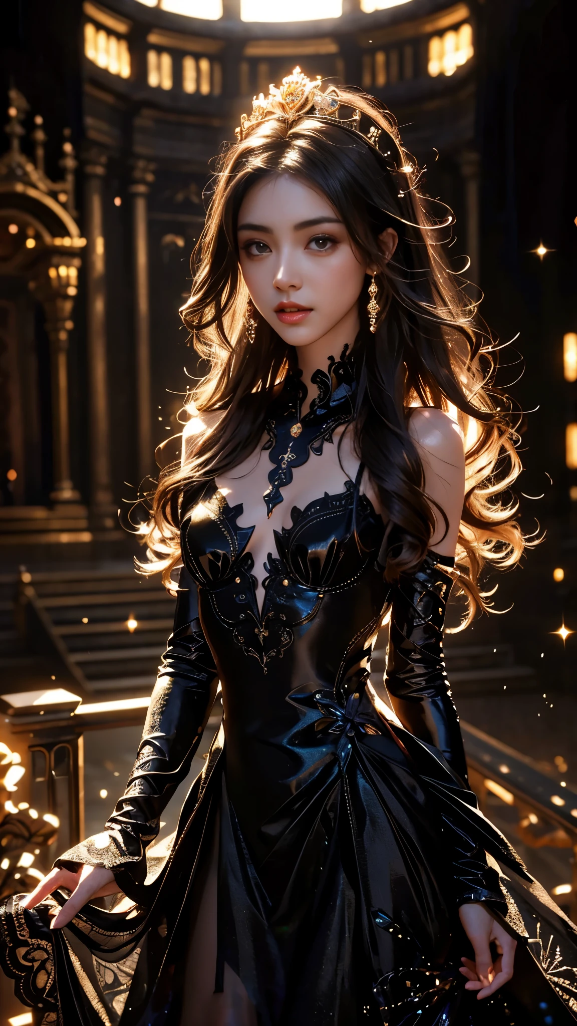 8K, UHD, Masterpiece, extreme quality, 1 girl, good face, detailed eyes, very long hair, detailed lips, small breasts, detailed empress fantasy dress, black fantasy dress, ((glowing dress:1.5)), lace, (bare waist), flowing sardine, beautiful fantasy, fantasy empress, beautiful alluring Realistic art,  shining skin, in the balcony, Realistic shadow, depth of field, ray tracing, god rays, bloom, bokeh effect, upper body,