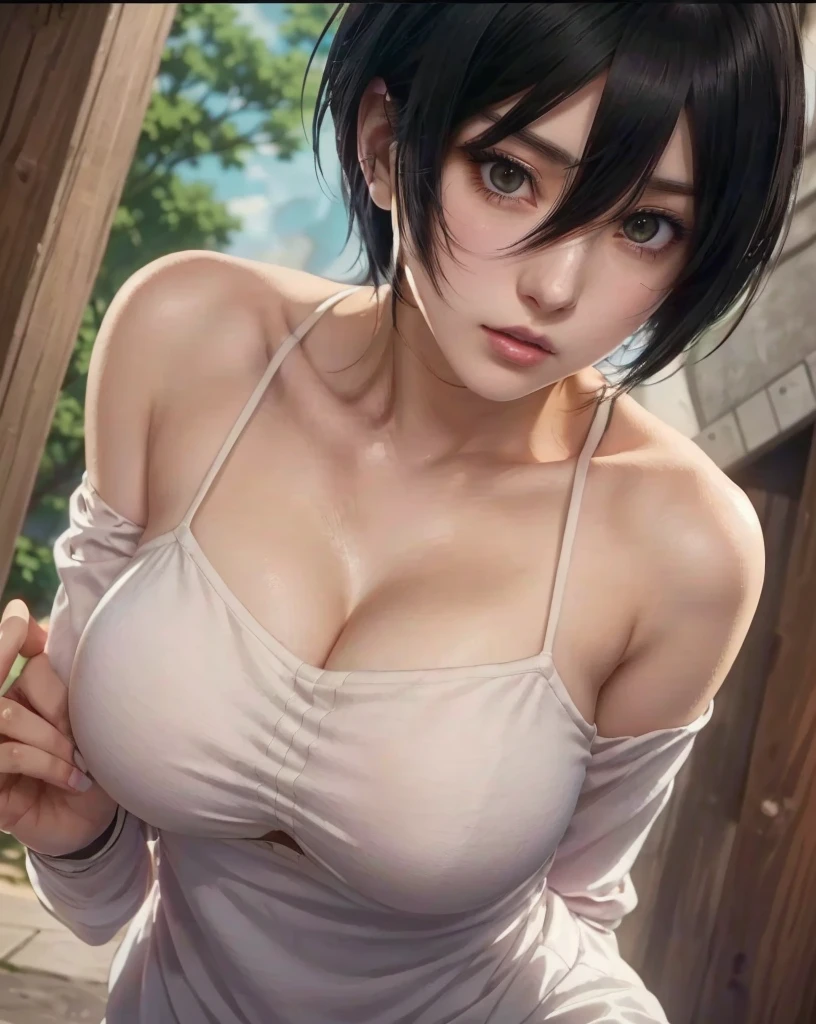 a close up of a woman in a white top and black hair, from attack on titan, seductive anime girl, revealing clothes, beautiful alluring anime woman, oppai, makoto shinkai ( apex legends ), (attack on titans anime), attractive anime girl, female anime character, in attack on titan, mikasa, scales covering her chest