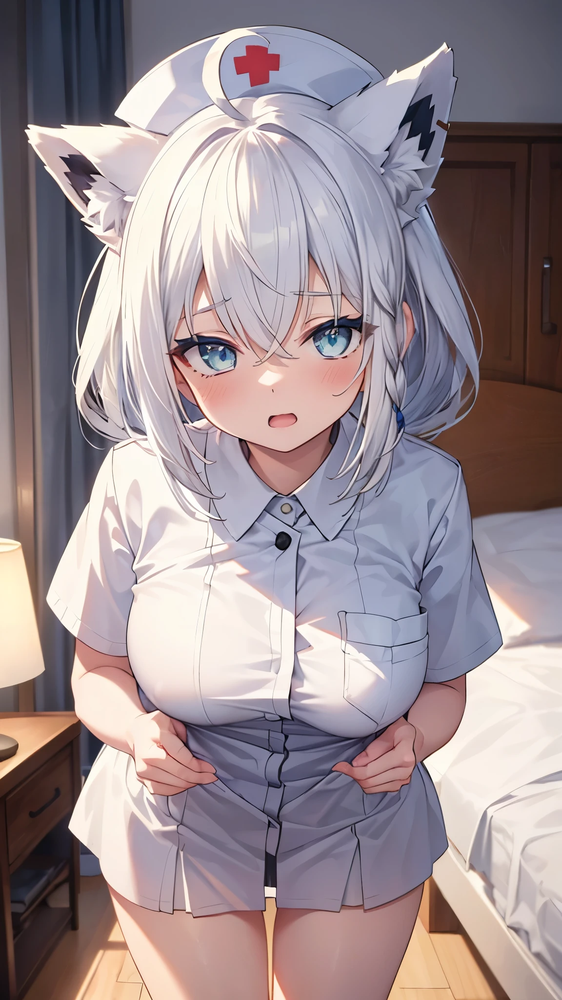 (best quality:1.2), (ultra detailed:1.2),(masterpiece:1.2),(8k:1.2),(Blessed,Captivating body、Ultra detailed hands、Ultra-detailed eyes、Ultra-detailed skin、ultra-detailed face,Detailed Background),One Girl、(bedroom,nurse, nurse cap, breast pocket, collared dress, short dress, short sleeves, thighs, white dress, white headwear), aafbk, long hair, ahoge, animal ears, breasts, fox tail,(ecstasy, aroused:1.5)