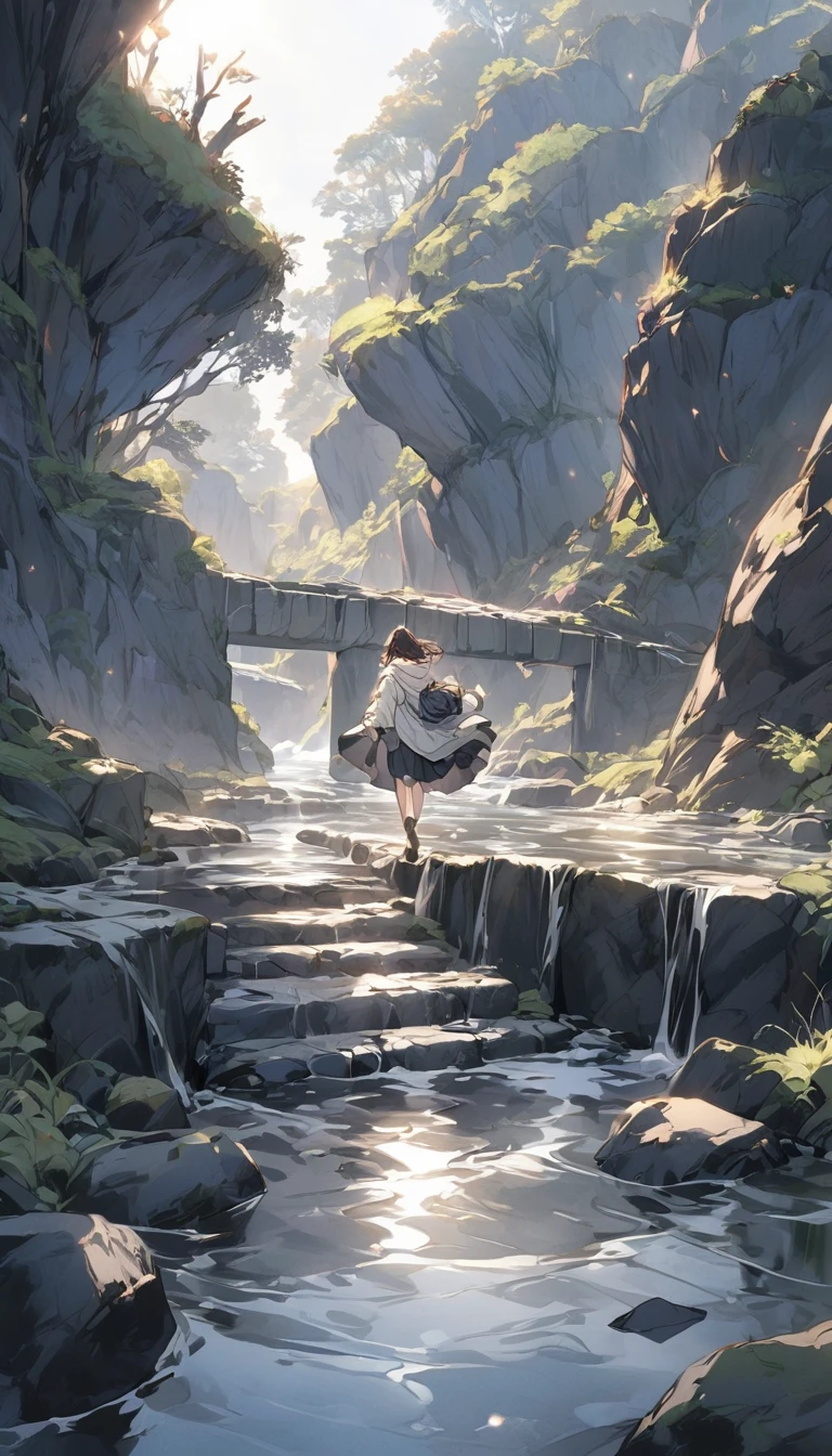 A person stepping over stones in a river, symbolizing overcoming obstacles.