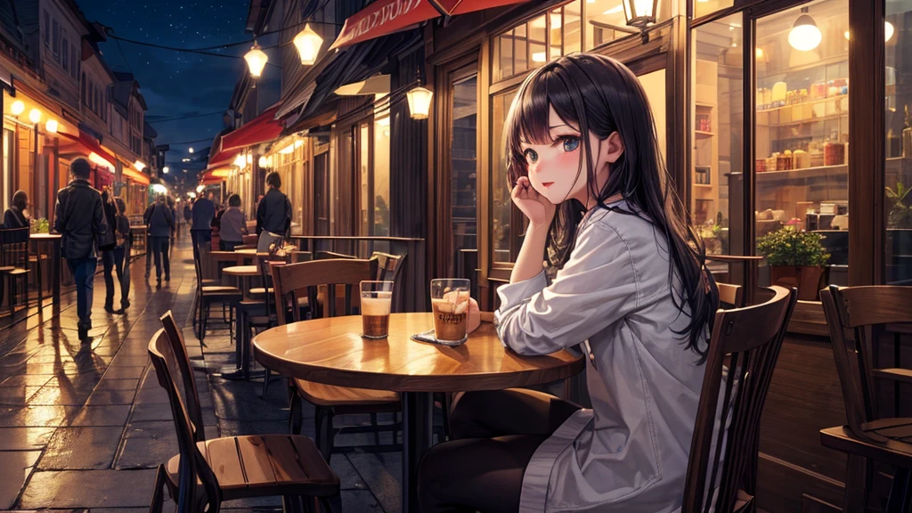 (Original photo, Highest quality), 1 girl, night,Cafe, relax,
Satosh Khan&#39;Art StyleBrown Hair, Braid, 