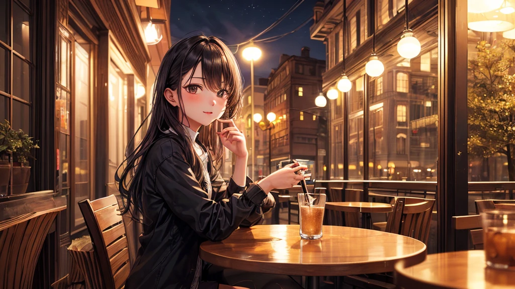 (Original photo, Highest quality), 1 girl, night,Cafe, relax,
Satosh Khan&#39;Art StyleBrown Hair, Braid, 