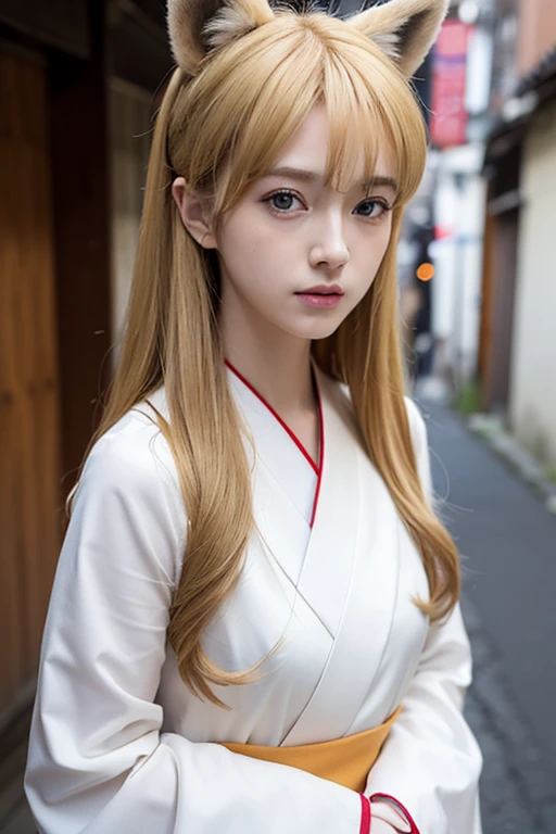 ((Beautiful blonde hair))、((Beautiful blonde))、Small fox ears、one girl, (a beauty girl, delicate girl:1.3), (12 years old, change:1.3), break,((Shrine maiden costume)),(Brown fox ears) break, Definition of Very Fine Particles, (Symmetrical eyes:1.3), break, (alley, Kyoto:1.3), perfectly trimmed fingers, break, ((Beautiful medium milk)), Brown eyes, Parted bangs, Brown Hair, girl, break, (Eye and facial details:1.0), break, (masterpiece, Highest quality, Very detailed, Detailed face, 8k)