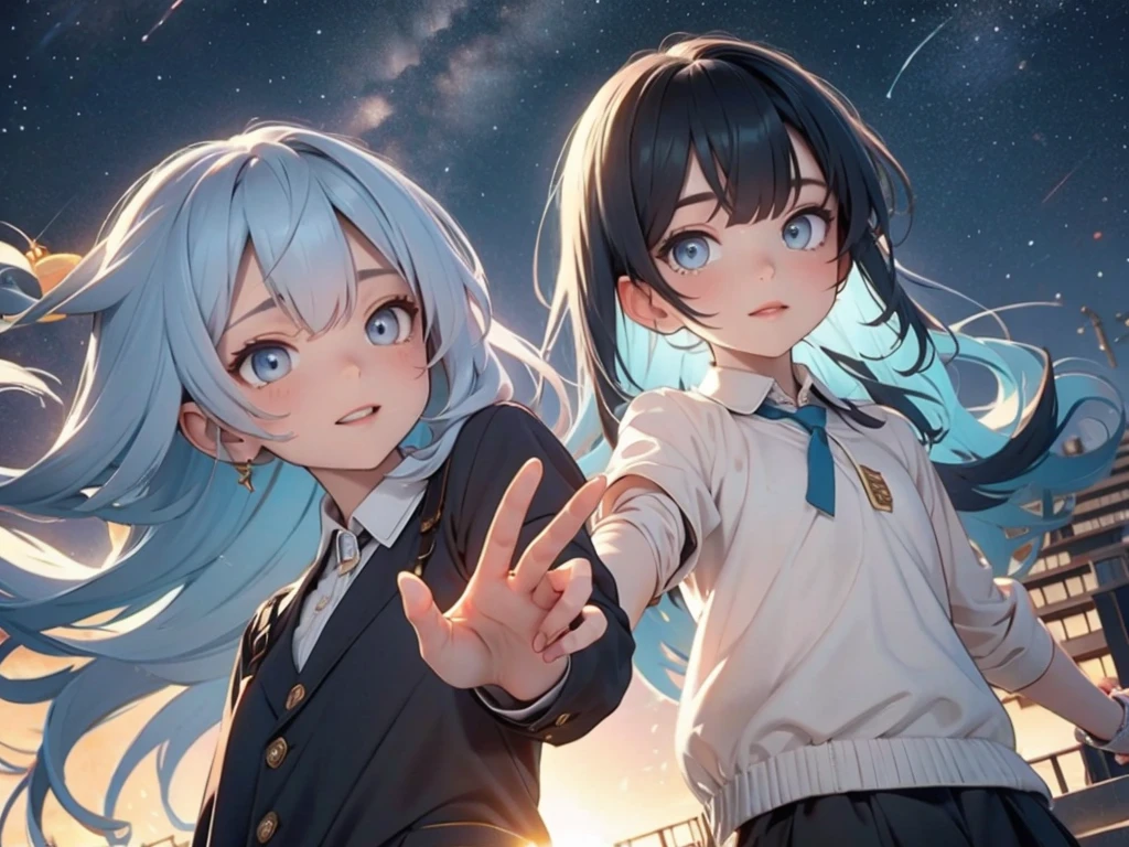 only one people, high school young man, , light blue hair, silver eyes, black eyebrows, school rooftop, arms outstretched, look up at the sky and smile and shout