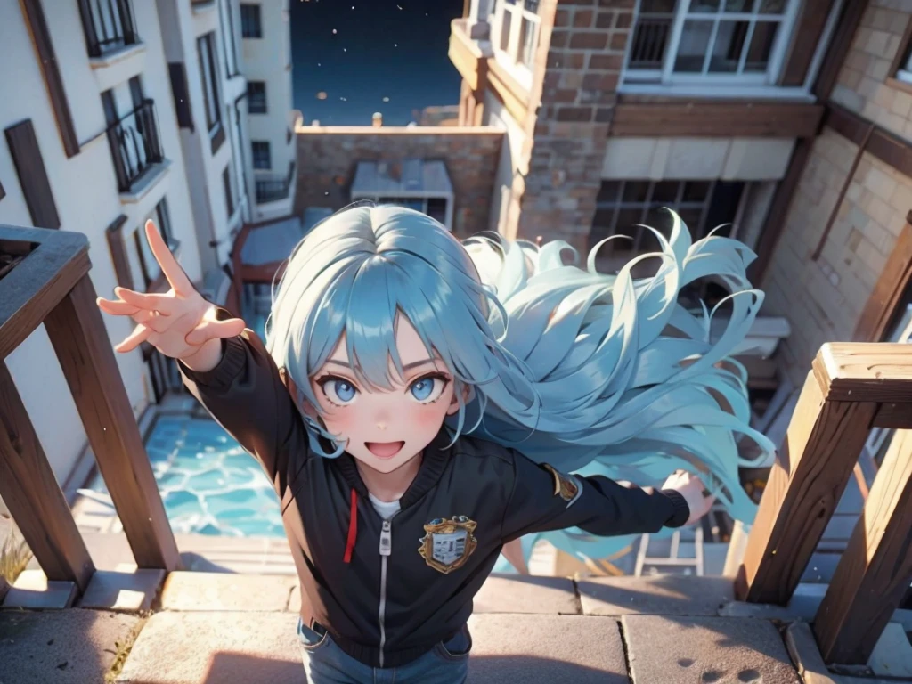 only one people, high school young man, , light blue hair, silver eyes, black eyebrows, school rooftop, arms outstretched, look up at the sky and smile and shout