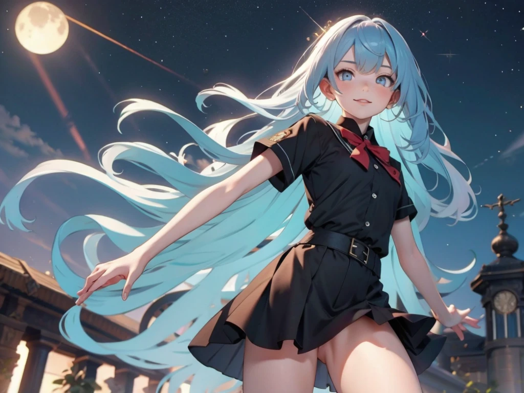 only one people, high school young man, , light blue hair, silver eyes, black eyebrows, school rooftop, arms outstretched, look up at the sky and smile and shout