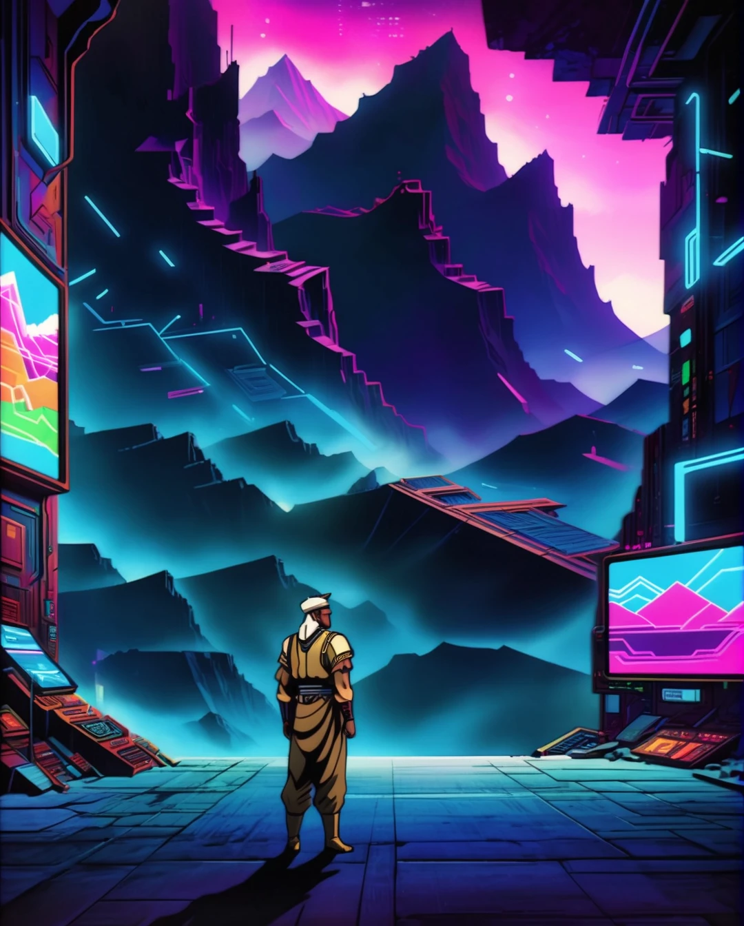 In a futuristic cyberpunk realm, a Berber man in traditional clothing stands against a backdrop of neon-lit mountains and digital landscapes. The scene captures the essence of his cultural heritage while infusing it with vaporwave aesthetics, showcasing vibrant colors, intricate patterns, and holographic textures that bring a modern twist to his traditional look. The artwork, whether digital painting or photograph, immerses viewers in a high-quality, visually stimulating experience that explores the fusion of the ancient and the futuristic.