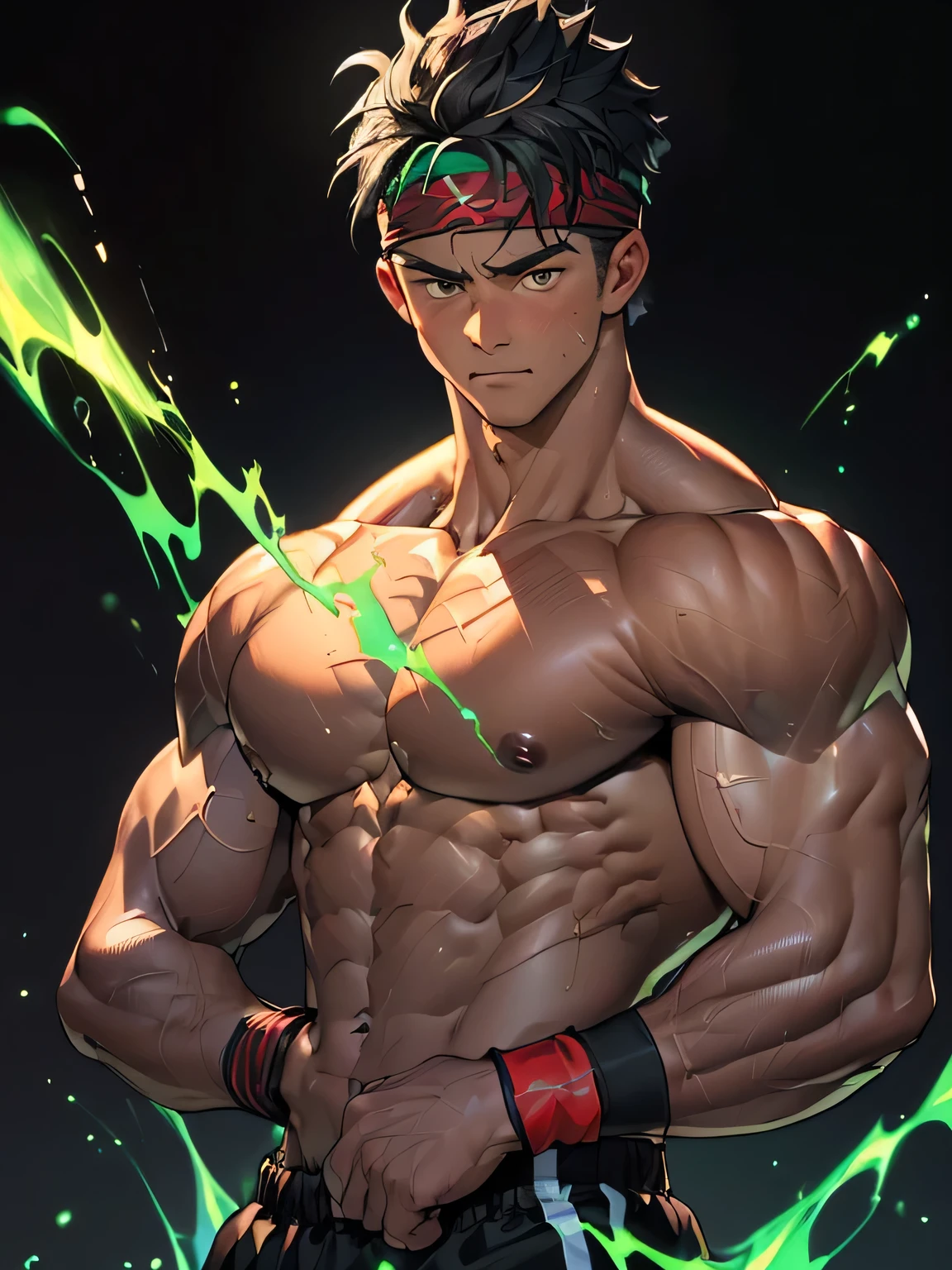 ((masterpiece, best quality)), (((((black background, deep night, upper body))))), (19 year old boy, worm eyes, Young boy, muscler, Shirtless, topless), ((((1boy, flesh, tough, reliable, developed body, blue and green aura effect, holding aura energy)))), (Dark Short straight hair, ((almost completely shaved hair)), under cut, brown eyes), (((red headband, black wristband))), Vivid colors, ((hot Abs:1.2, abs!, big abs, big breast:1.2, chest!, muscler upper arms)), muscler!, muscler body, detailed face, detailed muscle, (((rippling muscles, boxing stance, Flowing energy, giving off an aura of holy power)))