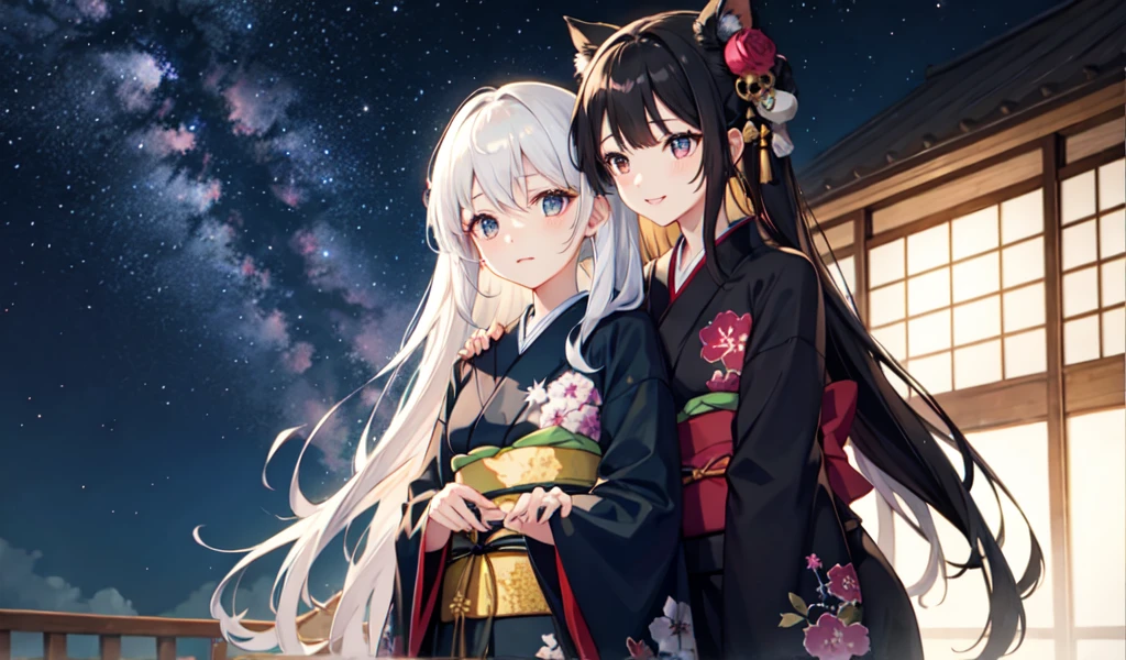 Black kimono、heart、Starry Sky
