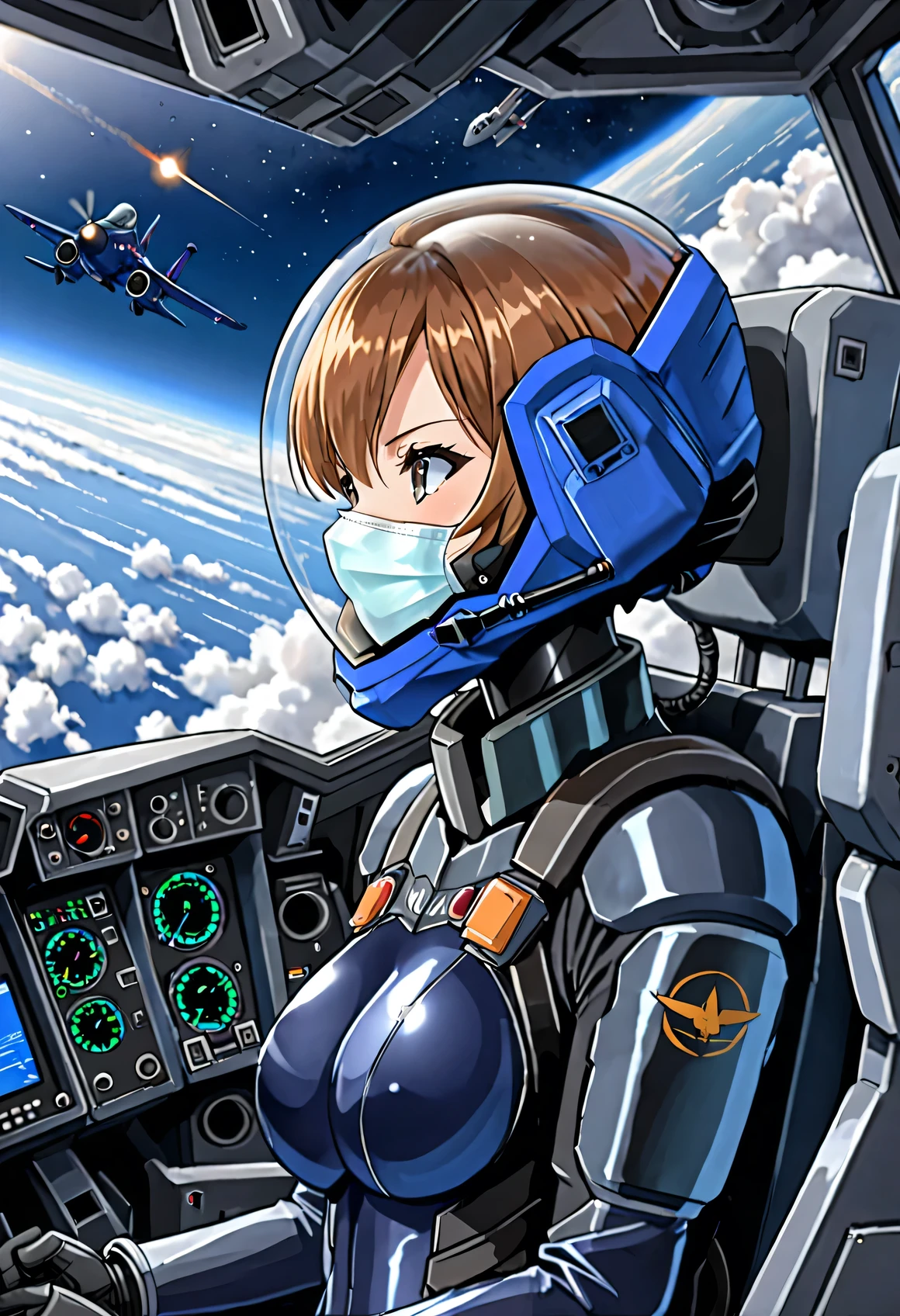 ((Female pilot in the cockpit of a reconnaissance plane), (airplane cockpit), (in flight), (10000 feet altitude)、(sky view):1.7),, short hair, eyeliner, apocalypse, girl, nside the (cockpit:1.9) of a (futuristic spaceship:1.6), , blush,sitting on a chair, covered navel, space helmet, muvluv, space helm, plug suit , space helmet, eva helm, space suit, short hair, blue bodysuit,
FROM SIDE, (mask:1.7)