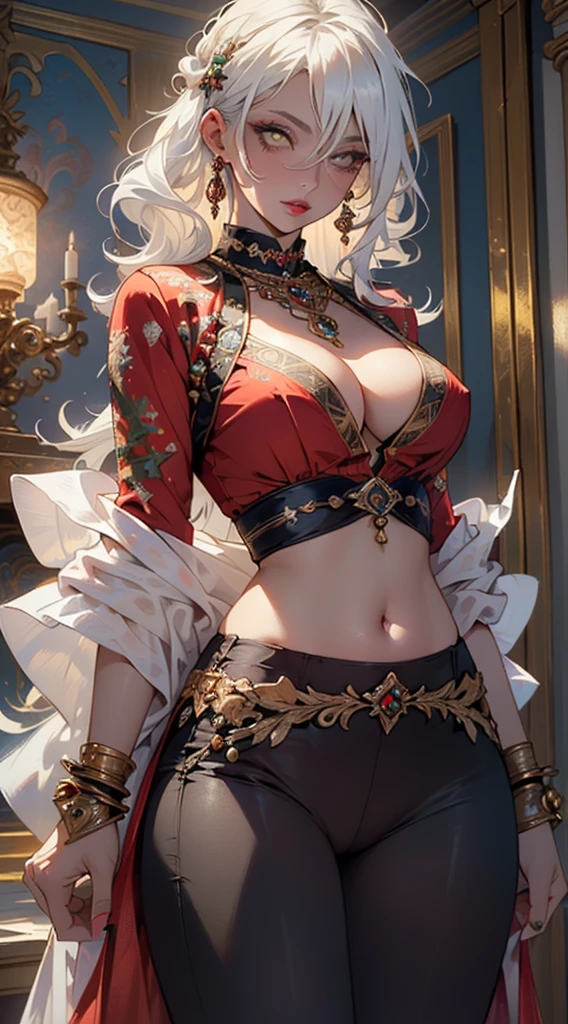 Woman,1 Woman,((milf,mom,mellow,mellow Woman,age 45, Woman,-up)),(breasts big:1.5),saggy breasts,(((White hair:1.4,slickedback hair,long hair:1.4,colored inner hair))),((yellow_eyeballs:1.3)),intrikate eyeballs,beautiful detailed eyeballs,symmetrical eyeballs,((((darkskin:1.4,shining skin:1.5,shining skin: 1.5,skin tanned,shining skin,very shining skin,shinny body,brightened skin)))),(spider lower abdomen,narrow waisted,wide hip,baby bodysuit,inflated legs,thick-thighs,delicate and detailed fingers),(((face detailed))),
cute,slutty,sensuous,seducer look,seducer,((erotic)),opulent,sumptuous,eagerly,((NSFW)),
Queen,goddess,fancy,(((ice jewelry,intrikate necklace,christmas jewelry,detailed outfit))),neckleace,know that,((eyeballshadow,elegant makeup,eyelid makeup,GOLDEN LIPS,GOLDEN LIPStick)),zetai ryouiki,revealing clothing,show the skin,neckleace,((below the chest))((harem bikini, harem beauty, beautiful seductress,transparent harem pants,((low waist belly dance pants)),transparent pants)),((intrikate harem outfit)),harem accessories,(harem jewelry on your arms),((transparent loin cloth:1.1)),(((Red clothing,intrikate outfit,intrikate clothes,embroidered clothing,ornate outfit,embroideRed clothing,ornate clothes))),
(dynamic pose:1.0),embarrased,(centred,scale to fit dimensions,rule of thirds),
por dentro,hinterland,((room in a palace in Arabia)),Scenario:1.25,((intrikate Scenario)),((winter decorations)),Christmas tree,
(Bright Winter Ornaments),high resolution,sharp focus,(ultra detaild,extremely detaild),(photorealistic art:1.37),(extremely detaild CG unity 8k wallpaper),(((swirly vibrant colors,vibrant theme))),(intrikate),(work of art),(best qualityer),