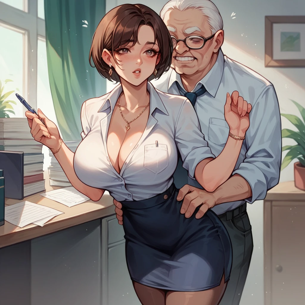 Beautiful woman 25 years old, not very high, Short brown hair, Thin waist, big tits, well-shaped and large hips. she is naked, she is fucking with an old man, Office