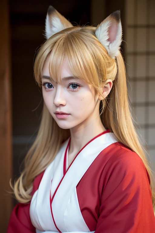 ((Beautiful blonde hair))、((Beautiful blonde))、Small fox ears、one girl, (a beauty girl, delicate girl:1.3), (12 years old, change:1.3), break,((Shrine maiden costume)),(Brown fox ears) break, Definition of Very Fine Particles, (Symmetrical eyes:1.3), break, (alley, Kyoto:1.3), perfectly trimmed fingers, break, ((Beautiful medium milk)), Brown eyes, Parted bangs, Brown Hair, girl, break, (Eye and facial details:1.0), break, (masterpiece, Highest quality, Very detailed, Detailed face, 8k)