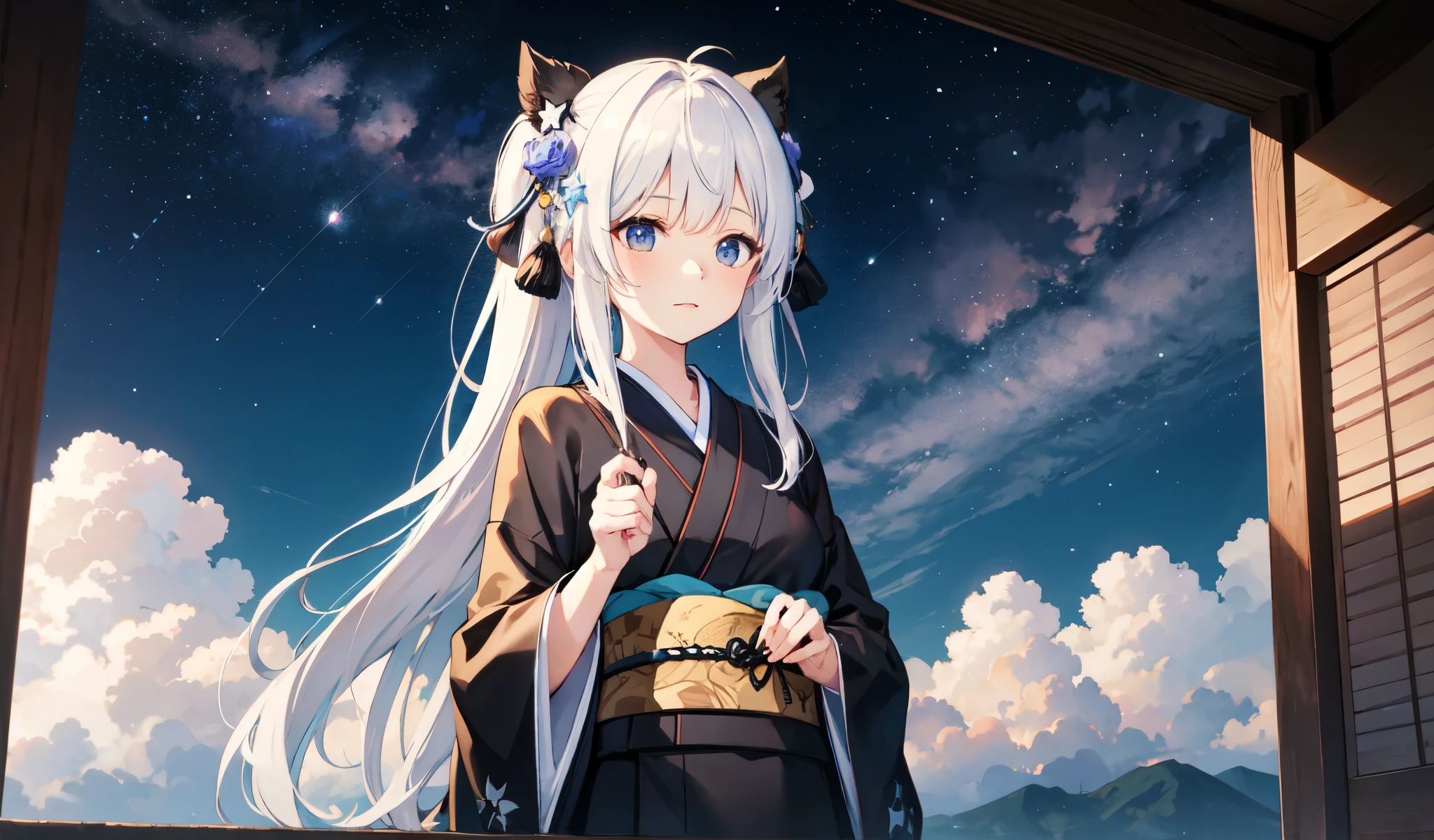 Black kimono、heart、Starry Sky

