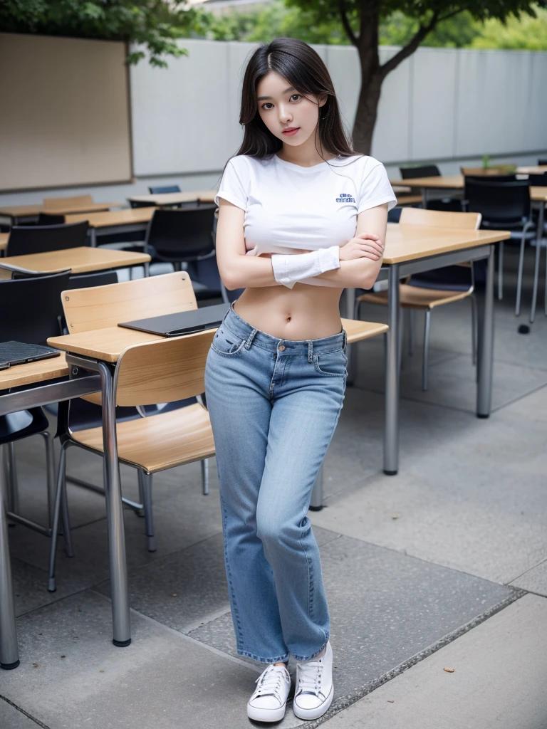 (best quality, Masterpiece, Realistic photos, very detailed, Ultra high resolution, raw:1.3), (1 woman), beautiful, Japan, in university, A young university girl wears a green button-up crop top shirt, Blue Jeans, showing navel, College Student, navel, (canvas shoes, ขาbeautiful, full body, standing), university class room, holding a book, Dress well, ((cross her arms over her chest)),