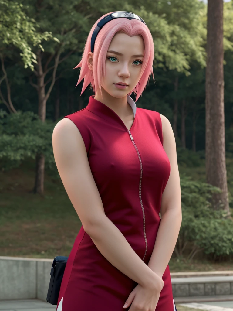 (best quality), high quality, very high resolution, (ultra detailed), 8k, (hyper realistic),Ray Tracing, One girl, haruno sakura in anime naruto, short hair, Pink Hair, Green Eyes, beautiful, Red clothes, Realistic clothes, Clothing Details, Outdoor Background, Super detailed, Realistic nude. close up on clit