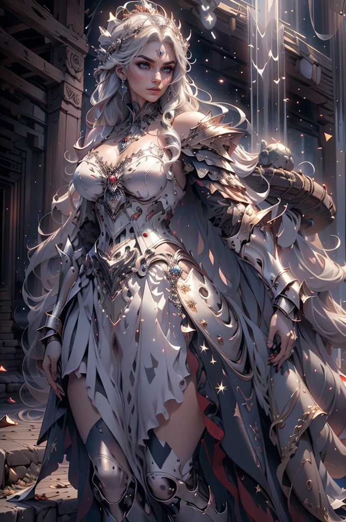 Brooke Shields, 29-years-old, as a mythological diva, in a long dress ( No Straps ), See-through fabric, thighs exposed, long white dress with gold details and long fringes, gold armbands, long gold bracelets, gold choker necklace, tiara dourada, large hoop earrings, golden belt, majestic pose, blonde hair with braids, athletic curvy body, clear eyes, look-at-camera, facial expression of tenderness, Romanticism, dark cave with piercing rays, stones, waterfall,(()) ((magnificent, majestic, beautiful celestial goddess of light)) ((floating above ground)) ((pale skin)) ((Big blue eyes)), ((dark eyeshadows make up)) ((bright red lips)), (()) ((long wavy platinum blonde hair, hair floating around)) ((big breast,1.7)) ((slender body)) ((wear armor chestplate:1.5, tiny thong bottom)) ((white cape)) ((armor shoulder pads, gauntlets long boots)) ((halo of gold and light above head)) ((hold a sword on her hand)) ((glowing magic sparks particles floating around)) ((battlefield background)), ((high definition:1.5), ((amazing lights and shadows)) ((masterpiece:1.5))((8k:1.5)) ((Best quality:1.4)), more_details:-1, more_details:0, more_details:0.5, more_details:1, more_details:1.5, more prism, vibrant color,