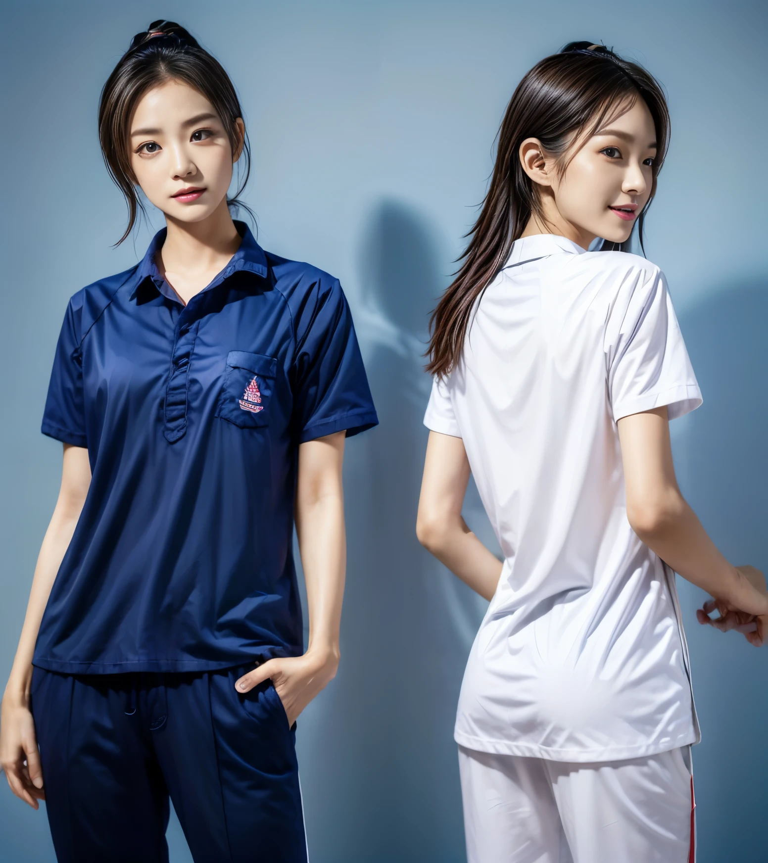 (best quality,10,10,height,Masterpiece:1.2),Special details,(realistic,ภาพrealistic,Realistic photos:1.37),1 Cute girl in the kitchen,shiny, ผิวshiny,only,smile softly,BDclothelue shirt:1.3)),short sleeve,shirt, กางเกงขาlong.,(navy_long_track pants:1.1), ((Kitchen Background)),Dynamic angle,excited,Face focus,dynamic poses,from behind,focus on ass,Masterpiece, best quality, ultra realistic, hyper detail, 8k resolution, raw photos, Sharp focus, ((Navy blue shirt:1.1)), short sleeve, เส้นทางlong, perfect body, 2 mature women, 18 years old, Cinema-grade lighting system,blue sweatpants,shirtผ้าออกกำลังกาย,correct anatomy,perfect body, correct body, Sharp face, correct bodyทางกายวิภาค, full body, realistic gestures, long-haired, realistic poses,Wear long shorts...........................,ช่วงขาlong,Good shape,carved girl, Slender figure, model, Good shape, beautiful body,blue sweatpants, two girls kissing