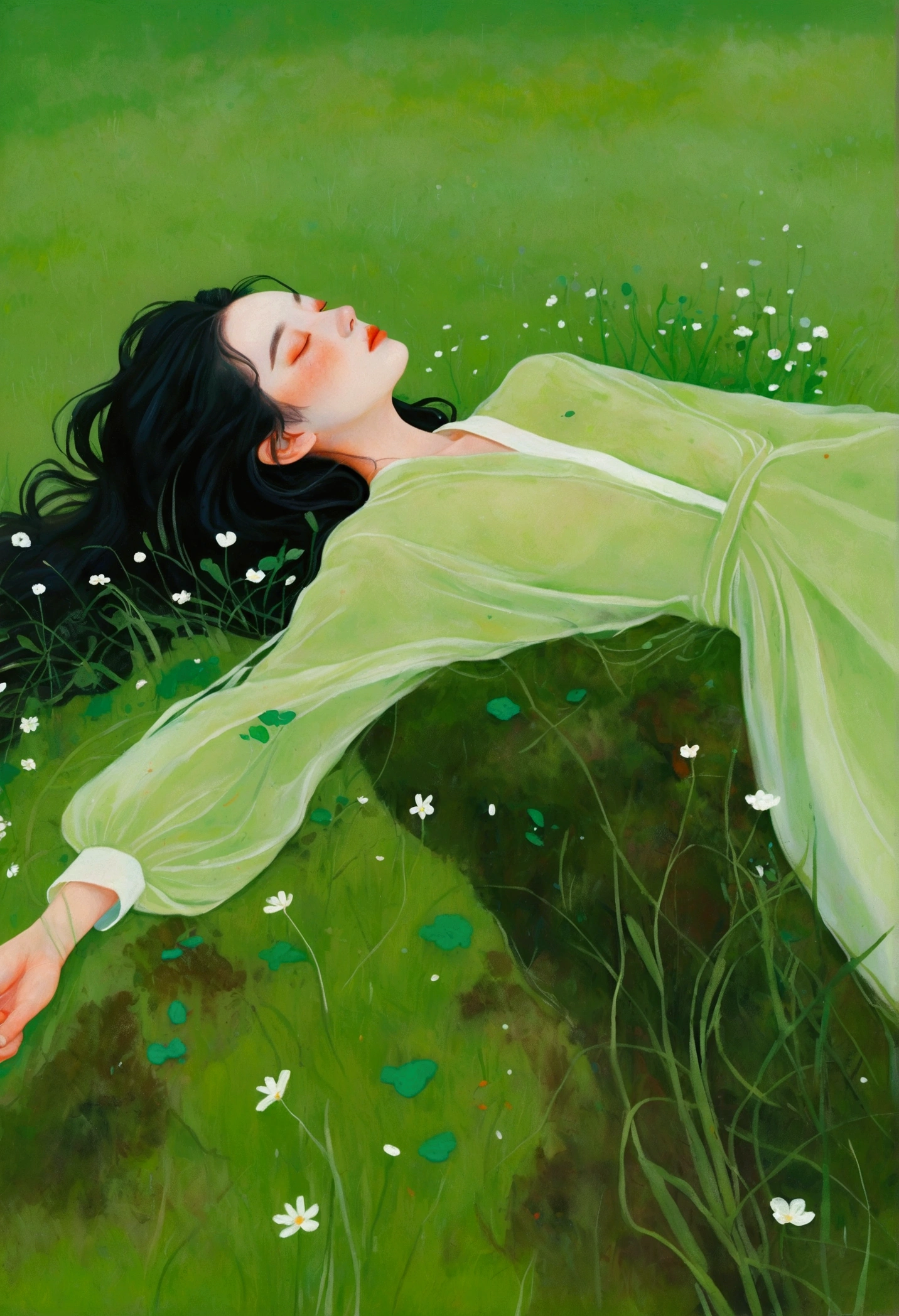Painting of a woman lying on the grass, an Ultra-fine details inspired by Ren Hang, tumblr, Concept Art, In an empty green field, Gently stroke the earth, Green flowing hair, Grassy, hiding in grass, On a meadow, In the grass, Ultra-fine details, Ren Hang Style, Body covered with moss