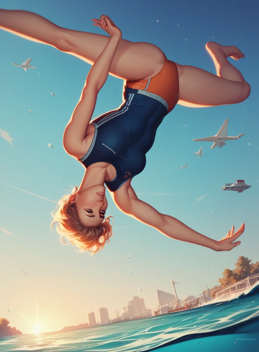 Minimalist Journey,diving,Solitary,The girl rests one hand on her cheek, gazing into the distance, reflecting a thoughtful or dreamy pose, conveying a sense of serenity and depth, dutch angle,Minimalism, Under the Sea, illustration.