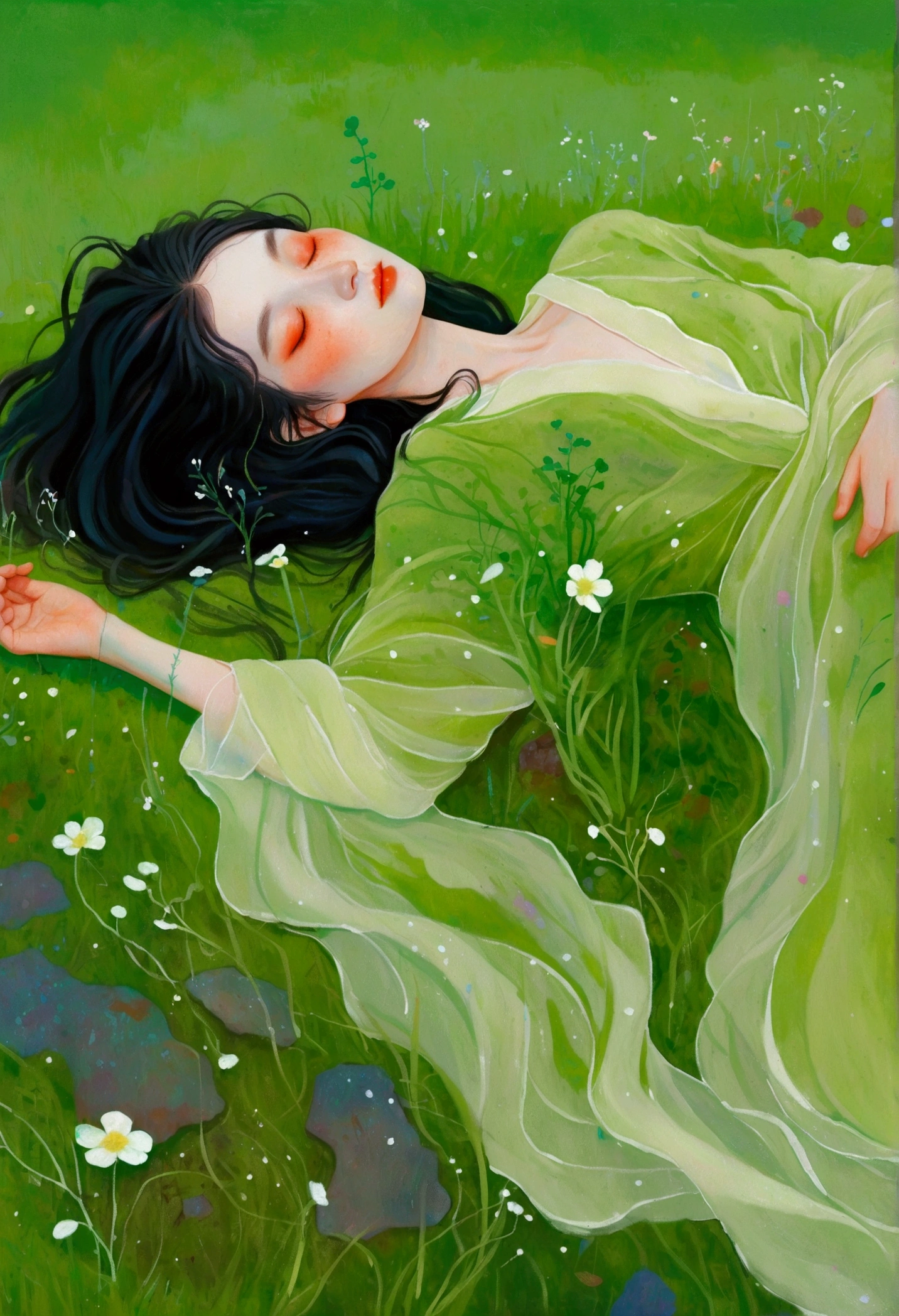 Painting of a woman lying on the grass, an Ultra-fine details inspired by Ren Hang, tumblr, Concept Art, In an empty green field, Gently stroke the earth, Green flowing hair, Grassy, hiding in grass, On a meadow, In the grass, Ultra-fine details, Ren Hang Style, Body covered with moss