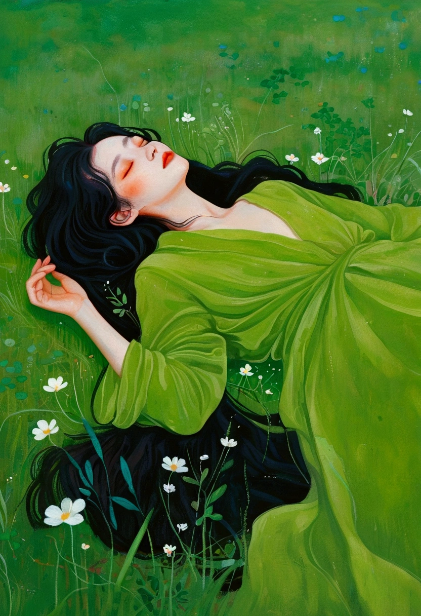 Painting of a woman lying on the grass, an Ultra-fine details inspired by Ren Hang, tumblr, Concept Art, In an empty green field, Gently stroke the earth, Green flowing hair, Grassy, hiding in grass, On a meadow, In the grass, Ultra-fine details, Ren Hang Style, Body covered with moss