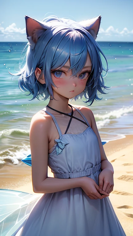 Ice Fairy,Cirno,Cat ear,mysterious,Ocean,beach,summer,Light blue dress,Pink ribbon on the chest,Blue Hair,sunlight,Ice feathers