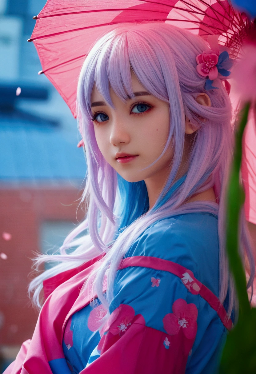 One with blue hair、Close-up shot of woman holding pink umbrella, Anime Girl Cosplay, Beautiful blue-haired girl, Gu Weiss, Pretty girl with blue hair, artwork in the style of Gu Weiss, Beautiful anime girl, Anime girls in real life, Popular on cgstation, Beautiful anime portrait, Charming anime girl, Ghost Festival