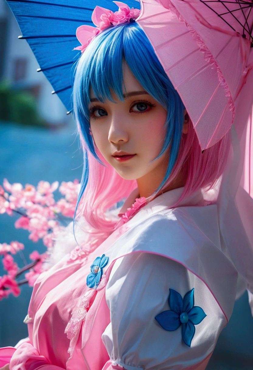 One with blue hair、Close-up shot of woman holding pink umbrella, Anime Girl Cosplay, Beautiful blue-haired girl, Gu Weiss, Pretty girl with blue hair, artwork in the style of Gu Weiss, Beautiful anime girl, Anime girls in real life, Popular on cgstation, Beautiful anime portrait, Charming anime girl, Ghost Festival