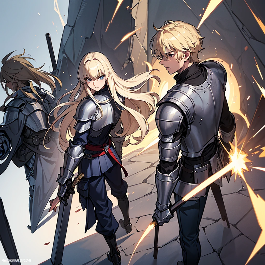 (Full body character concept、10 people)、Highest quality, Best Quality, Best illustrations, (((Grey Armor)))、(((Blond long hair man、Long-haired man、male、24-years-old、Cool guy)))、(Medieval Knight)、(Navy blue trousers)、(get annoyed、Clench your teeth)、(Living in the desert)、(White background)、Run、(From the back、back view)、(attack、Deathblow、sparks)