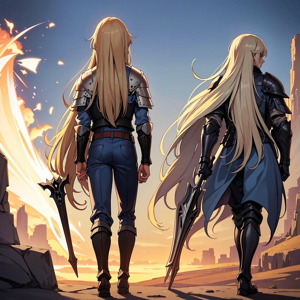 (Full body character concept、10 people)、Highest quality, Best Quality, Best illustrations, (((Grey Armor)))、(((Blond long hair man、Long-haired man、male、24-years-old、Cool guy)))、(Medieval Knight)、(Navy blue trousers)、(get annoyed、Clench your teeth)、(Living in the desert)、(White background)、Run、(From the back、back view)、(attack、Deathblow、sparks)