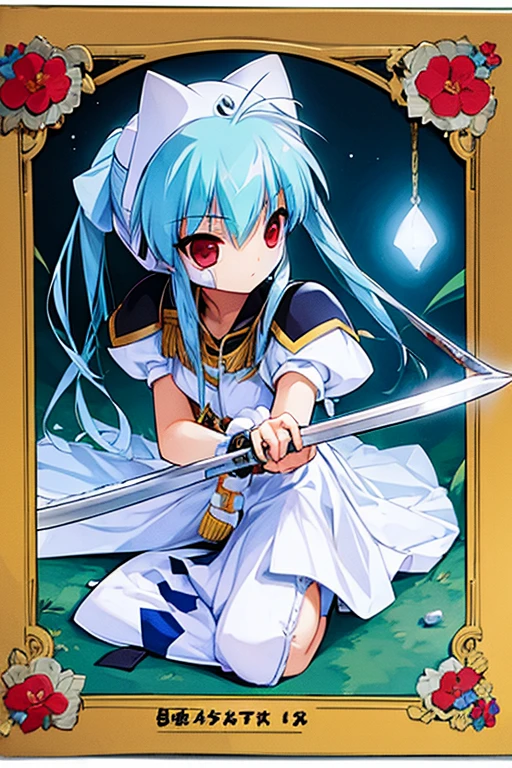 Hero Costume、Samurai Sword、garter belt、White ribbon、Light blue hair