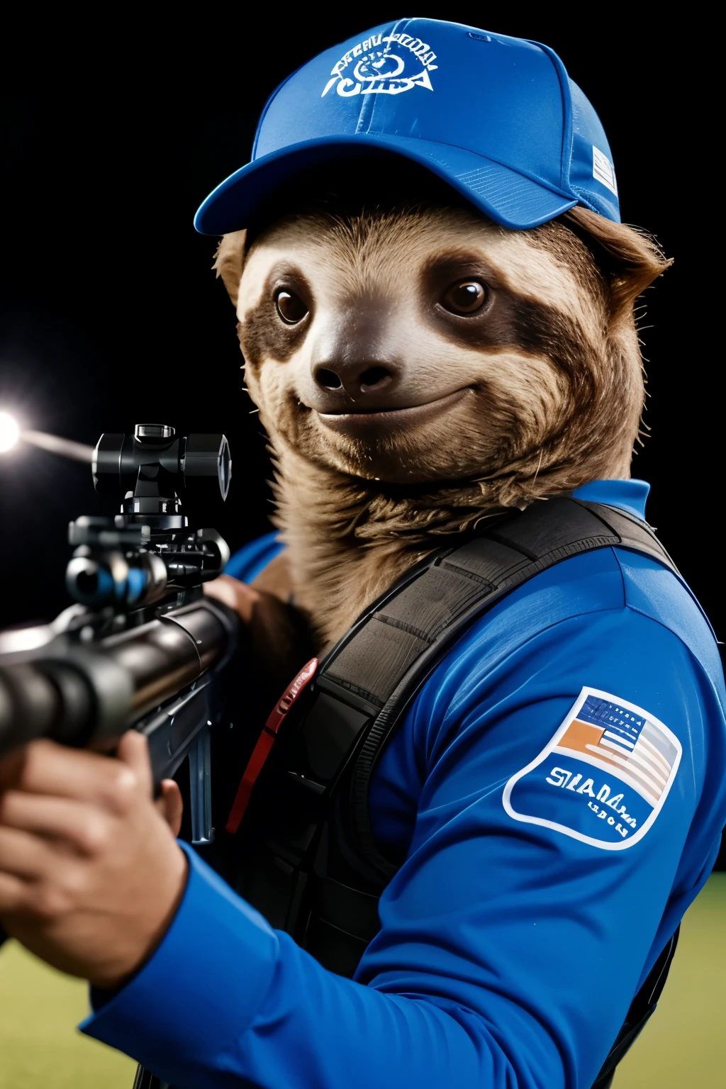 a sloth wearing blue shirt, holding a rifle, wearing shooting glasses, sport shooting, olympic games, professional picture, great illumination, dynamic shot
