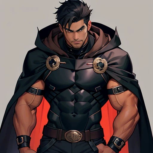 1man, handsome, ikemen, male lead, black hair, beautiful, (black breastplate), (black cloak), brown eyes, (tan skin), (perfect face), (detailed eyes), vibrant eyes, villain, masculine, muscle, webcomic, manhwa, big bulge, large bulges in the crotch, high resolution, bulge focus, high detail, full hd, huge bulge.look old, wolf cut hair, look like form Gallagher Hsr, tan skin