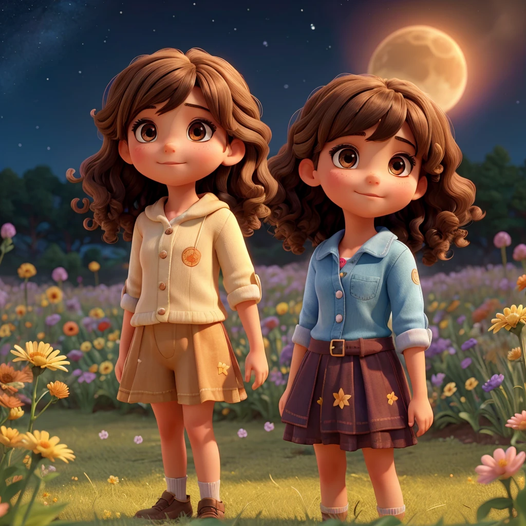 a kids woman with straight brown hair, with bangs above her eyes, stands in a field of magical flowers, each flower is colorful, exudes a soft glow, creates a mysterious atmosphere, twinkling stars in the night sky are reflected in the woman, curly hair, adds a touch of magic to her hair, she seems to be connected to the natural and cosmic energy around her, exudes power and flame.