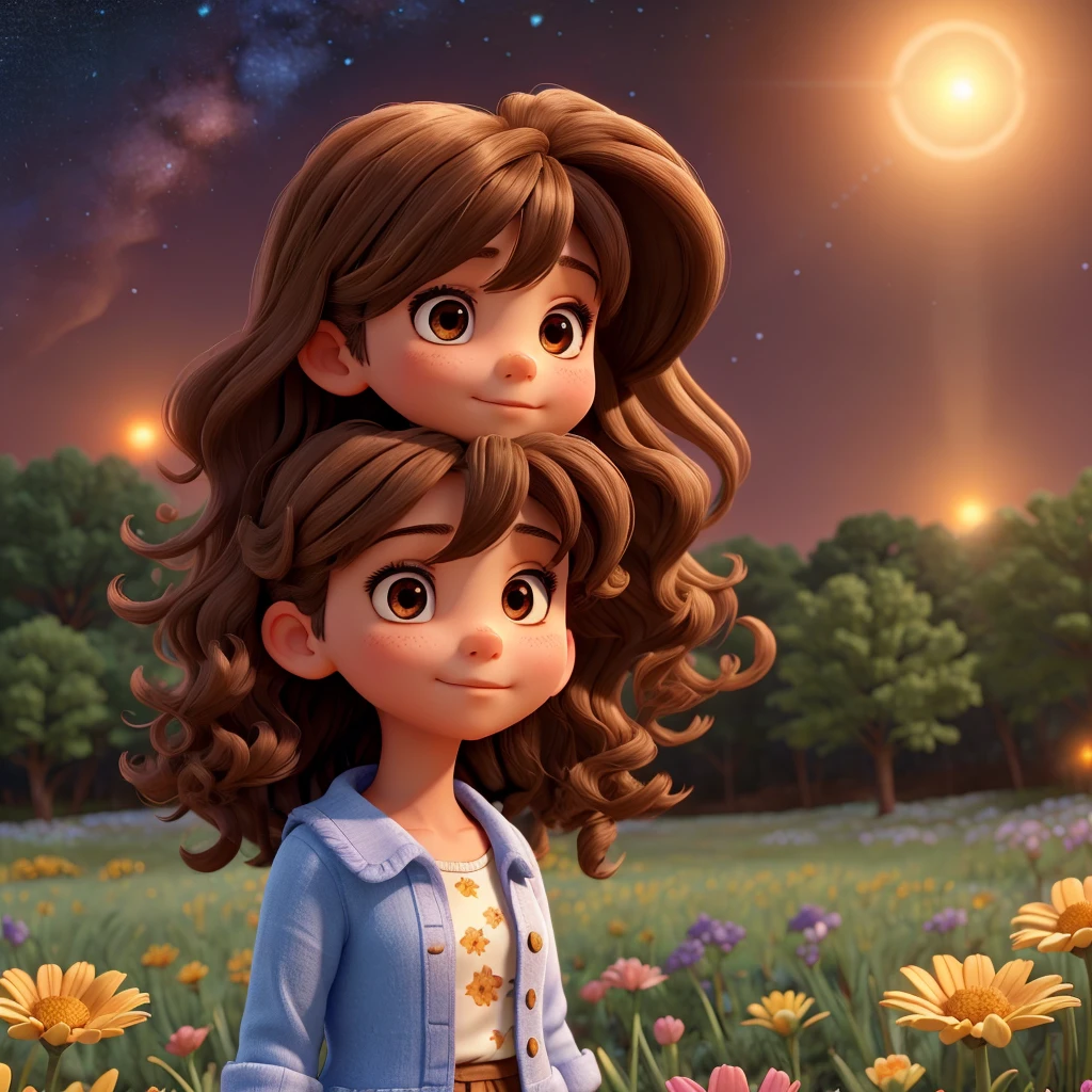 a kids woman with straight brown hair, with bangs above her eyes, stands in a field of magical flowers, each flower is colorful, exudes a soft glow, creates a mysterious atmosphere, twinkling stars in the night sky are reflected in the woman, curly hair, adds a touch of magic to her hair, she seems to be connected to the natural and cosmic energy around her, exudes power and flame.