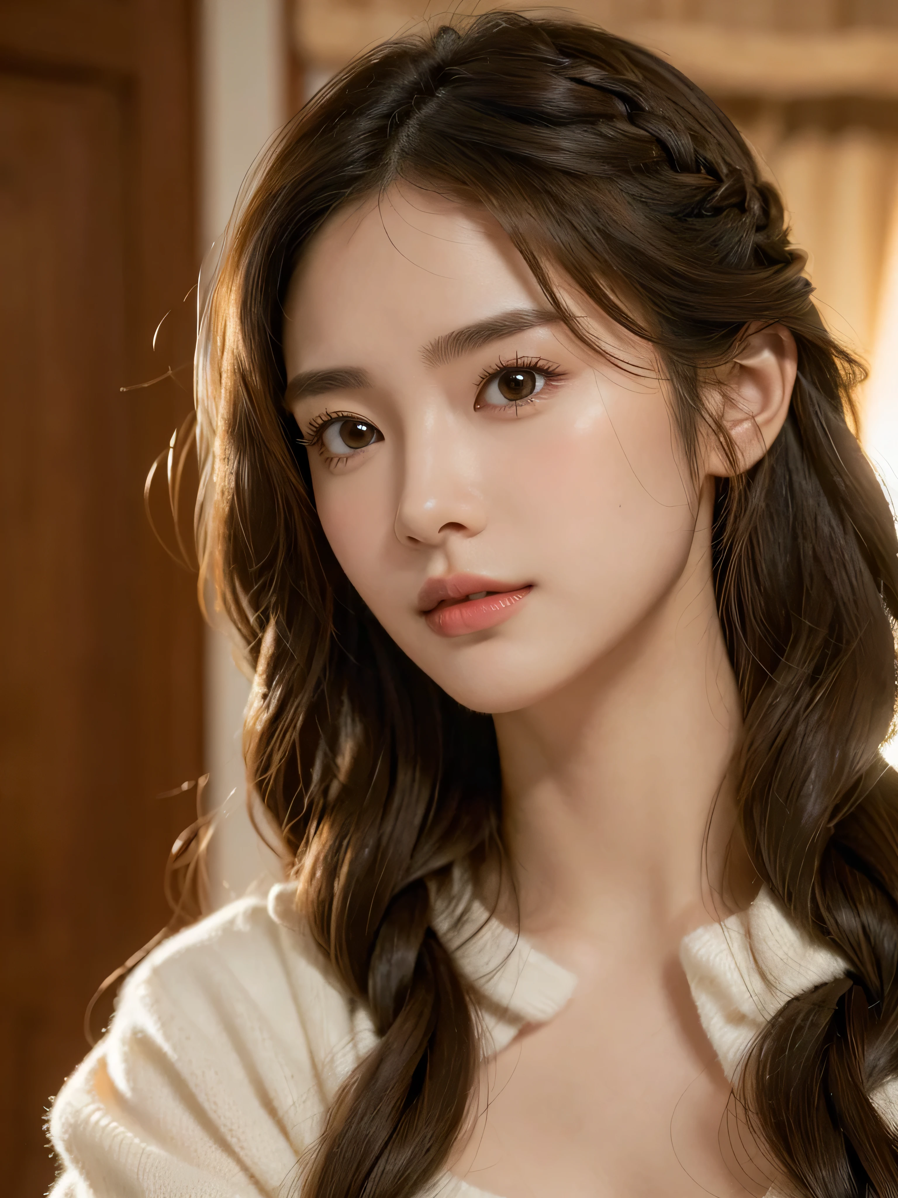 Brown eyes, (Hair has light brown edges:1.2),Braided hair 、 long hair、Golden ratio face、Detailed eyebrows、detailed eye、Detailed nose、detailed mouth、detailed hands、(Photorealsitic:1.4), (The photo above is of the same quality:1.0), (超A high resolution:1.0), 8k, Raw photo, (masterpiece:0.2), (pure face), Beautiful night, Fun and happy, clear sky, similar style, (Skin texture, Film grain ), cinematic lighting, side lights, Extremely high-definition deep V sweater、(big breasts:1.4), Coordinated breasts, Facial expression waiting for a kiss, Bright light, from the waist up