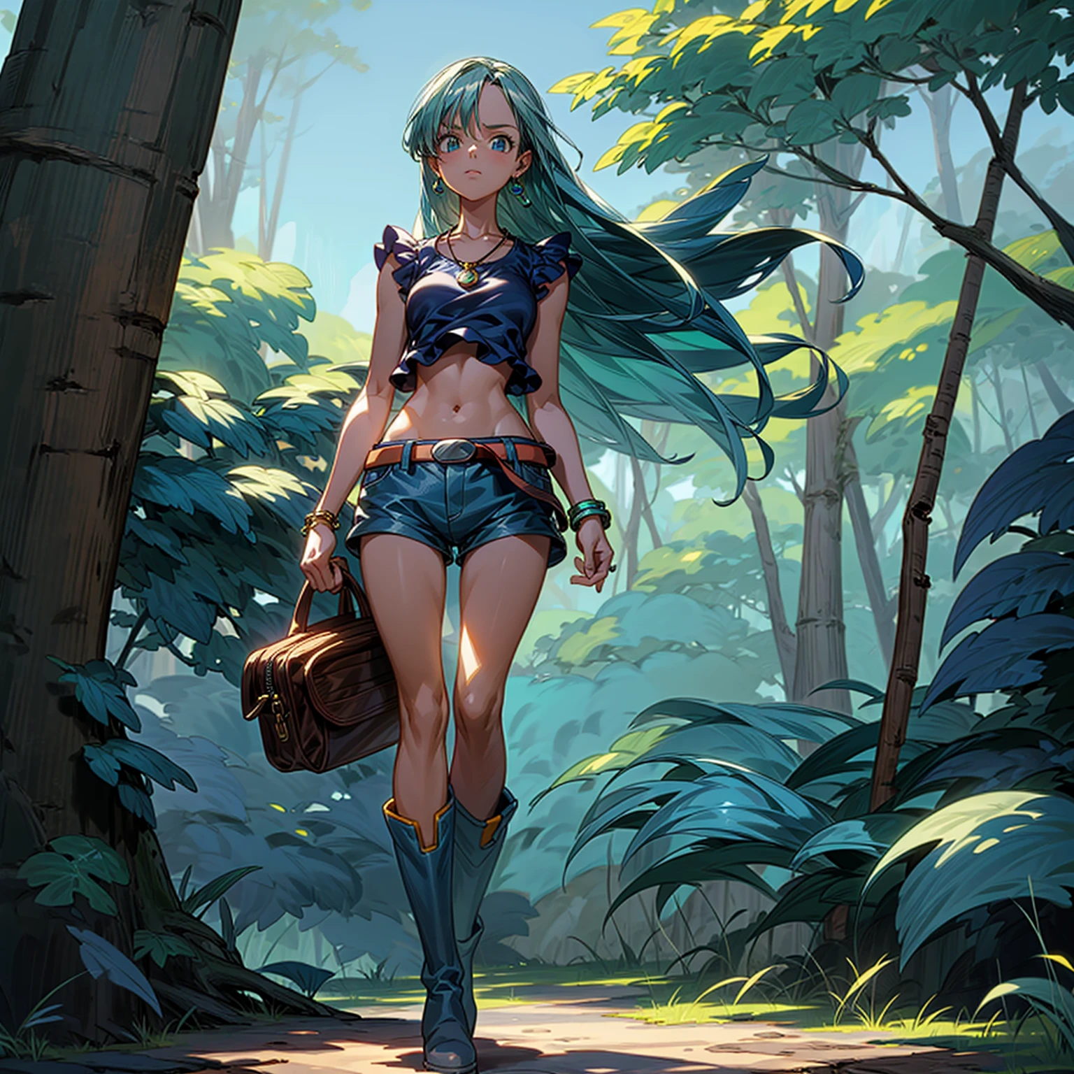 Solo character, full body version, girl, blue long hair, yellow crop top, Short jeans, belt, bracelet, necklace, bag in back, boots, sky blue, forest, standing gesture, hoop earrings, (one piece style art)