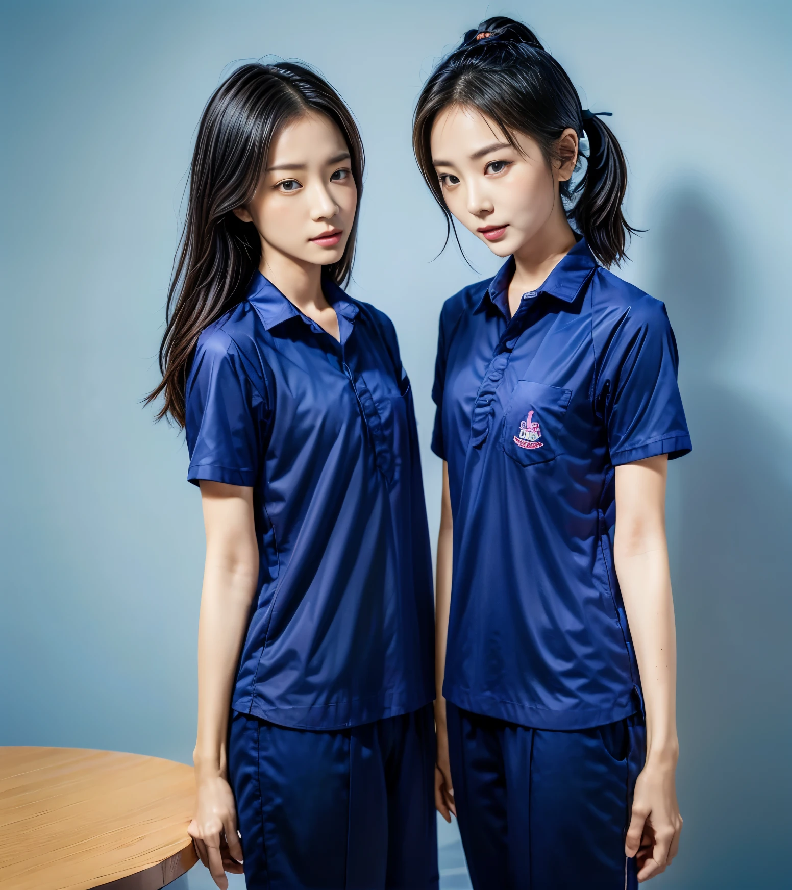 (best quality,10,10,height,Masterpiece:1.2),Special details,(realistic,ภาพrealistic,Realistic photos:1.37),1 Cute girl in the kitchen,shiny, ผิวshiny,only,smile softly,BDclothelue shirt:1.3)),short sleeve,shirt, กางเกงขาlong.,(navy_long_track pants:1.1), ((Kitchen Background)),Dynamic angle,excited,Face focus,dynamic poses,from behind,focus on ass,Masterpiece, best quality, ultra realistic, hyper detail, 8k resolution, raw photos, Sharp focus, ((Navy blue shirt:1.1)), short sleeve, เส้นทางlong, perfect body, 2 mature women, 18 years old, Cinema-grade lighting system,blue sweatpants,shirtผ้าออกกำลังกาย,correct anatomy,perfect body, correct body, Sharp face, correct bodyทางกายวิภาค, full body, realistic gestures, long-haired, realistic poses,Wear long shorts...........................,ช่วงขาlong,Good shape,carved girl, Slender figure, model, Good shape, beautiful body,blue sweatpants, two girls kissing