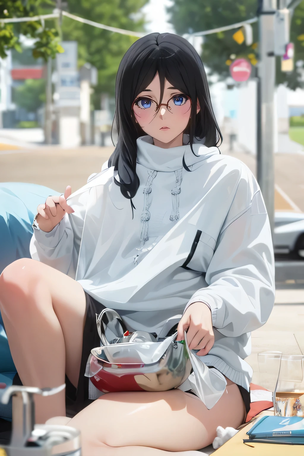 Masterpiece, high res, {Thanaka_Asuka_euphonium sound:1.15}, black_hair, long_hair, glasses, light blue_eyes, Blush, red frame_glasses, Seraph, beyond the edge_glasses, semi borderless_glasses, hair_between_eyes,