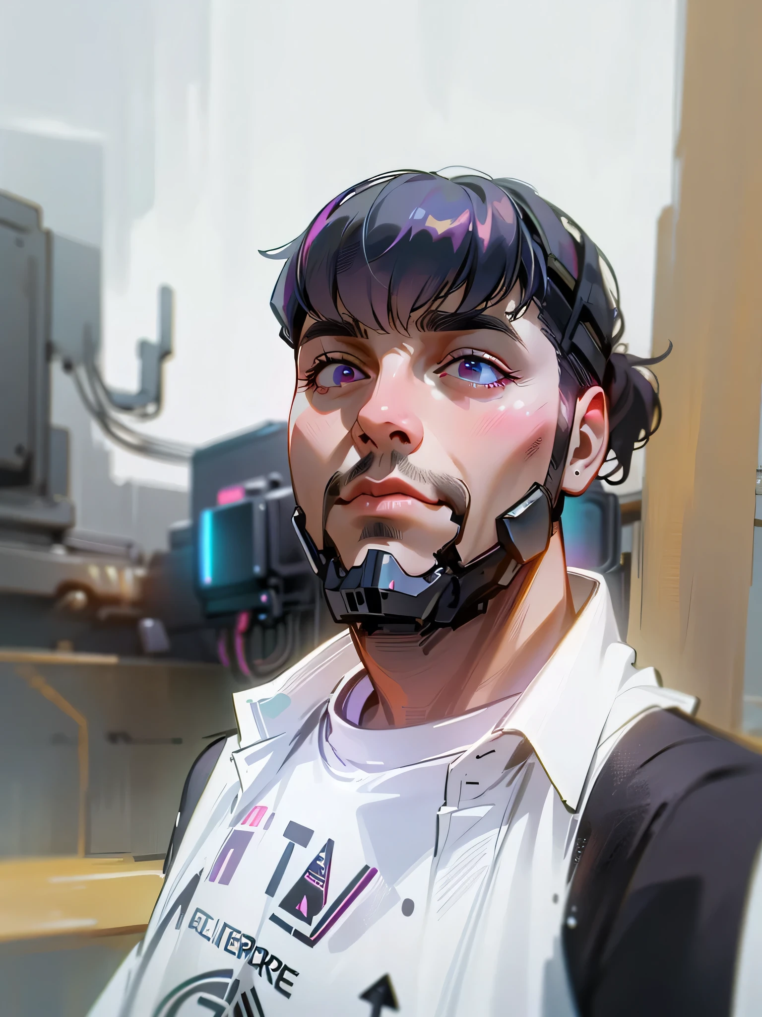 arafed man with a beard and a white shirt standing in front of a truck, very very low quality picture, around 1 9 years old, looking away from camera, zachary corzine, twitch streamer / gamer ludwig, looking straight to camera, headshot profile picture, looking to the side off camera, heavy eyes to the side, harsh good looking faceHD, (Best Detail), (Best Quality), colorful, cyberpunk, neon, beautiful lights, purple reflections,