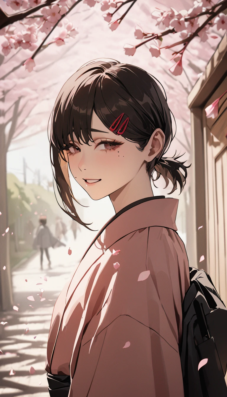 1girl, higashiyama kobeni, wearing kimono, in a cherry blossom park, cherry blossom petals falling down, (masterpiece), cinematic, beautiful light, best quality, newest,safe, absurdres, smiling , close eyes, look at camera, tilt head, turn head back