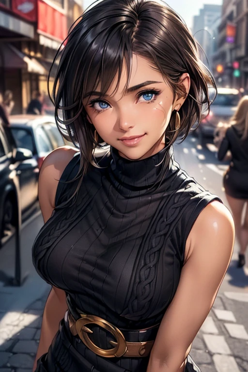#Basics A girl is posing for a photo, animeのかわいい女の子, ((One Girl)), (((Baby Face:1.2)) + ((cute:1.3))),
break
#Clothing Accessories
((Black sleeveless high neck knit sweater dress:1.4)) + (Gold belt for a tight fit at the waist:1.4) + ((Sheer black pantyhose)), Glossy black high heels,
(Gold hoop earrings), (Fancy Necklace), (Black nail polish),
break
#Features
((Blonde)), (Chest-length sideburns), ((Pixie Cut Hair) : Very short hair + Fuller Hair + Voluminous Hair + Hair curled outside + Tied up with a red string ribbon)),
((Droopy eyes:1.4, Big eyes:1.2), blue eyes), (Small breasts),
break
#background environment
((noon + bustling street + sunlight + Passersby)),
#Facial Expression Pose
((smile:1.5)), ((hand in own hair, Walking on the sidewalk)), (Sweat),
#composition
((Face the camera, (Focus from the front), Cowboy Shot)),
break
#Body parts elements
(Slim figure),
(Detailed Hair, Beautiful Hair, Shiny Hair),
(double eyelid, Long eyelashes),
(Expression of fine eyes, Beautiful and delicate eyes, Sparkling eyes, Eye Reflexes, Glitter Eyeliner),
(Human Ear),
(Beautiful Nose, Thin Nose),
(Glossy Lips, Beautiful Lips, Thick lips), (Symmetrical facial features),
(Detailed skin, Textured skin, Beautiful Skin, Oily skin),
break
#Quality Image Quality Common
(((Highest quality)), ((masterpiece)), ((Very detailed))), ((Ultra-high resolution)), ((16K, 1080P)), ((FHD)),
(Anatomically correct), (Realistic), (3DCG), (oil),
#Quality image illustration
((comics, anime)), CG illustration,